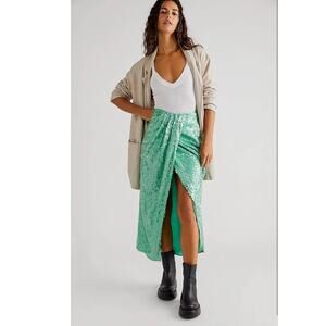 New Free People Poets Sequin Sarong Skirt $228 SIZE 4 Green High-Rise longline